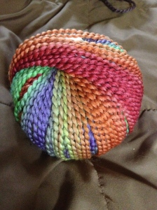 Multi-colored Rolled Brim Hat for Amy, only person who can cut my hair -- on the needles by midnight!