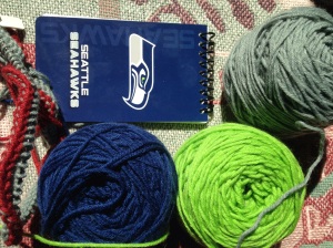 KAL Seahawks Cowl (red yarn is the provisional cast on!)